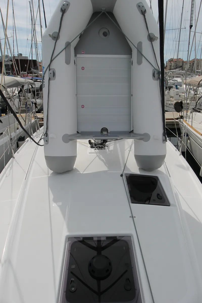 Deck of Evita, a Jeanneau Sun Odyssey 380 sailboat at Grad Biograd na Moru, Croatia