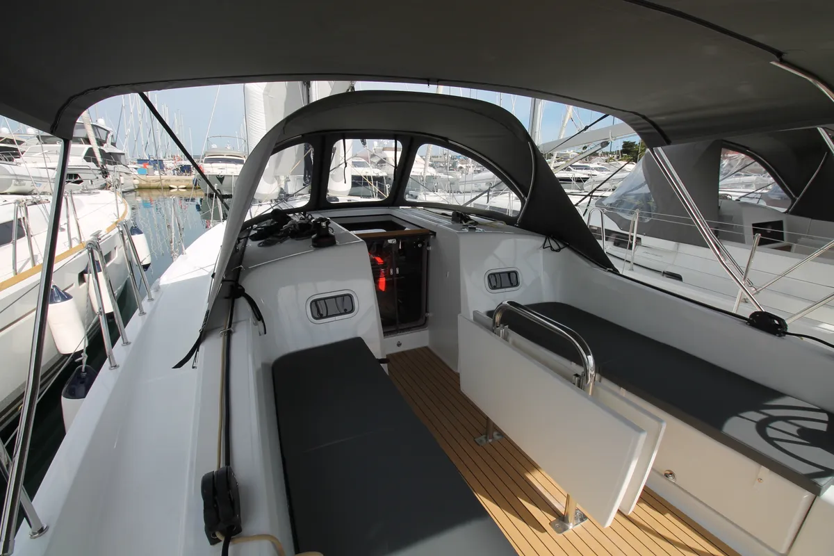 Cockpit of Evita, a Jeanneau Sun Odyssey 380 sailboat at Grad Biograd na Moru, Croatia
