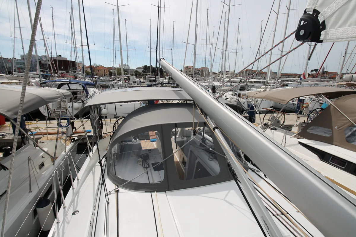 Deck of Evita, a Jeanneau Sun Odyssey 380 sailboat at Grad Biograd na Moru, Croatia