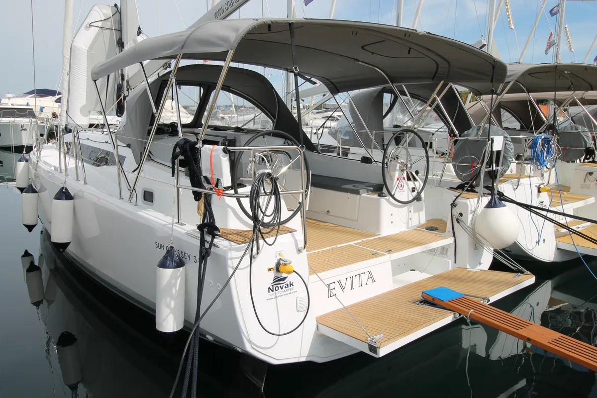 Exterior view of Evita, a Jeanneau Sun Odyssey 380 sailboat at Grad Biograd na Moru, Croatia
