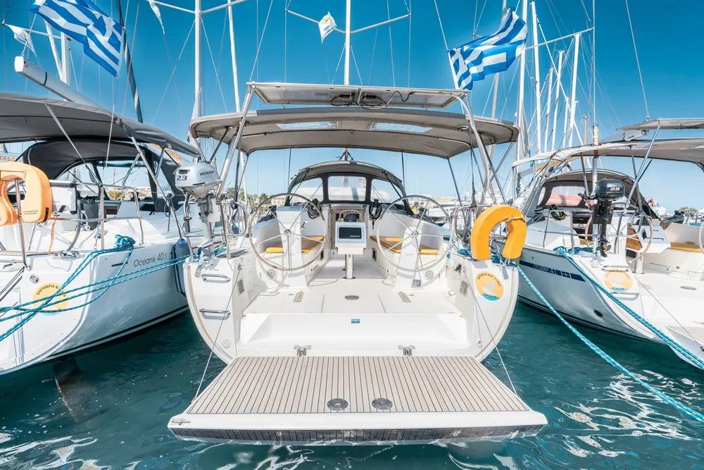 Exterior view of Optasia, a Bavaria Cruiser 41 sailboat at Municipal Unit of Rhodes, Greece