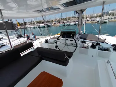 Cockpit of Minotavros, a Lagoon 51 catamaran at Athens, Greece