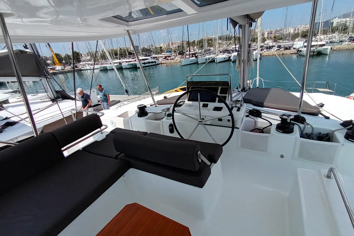 Cockpit of Minotavros, a Lagoon 51 catamaran at Athens, Greece