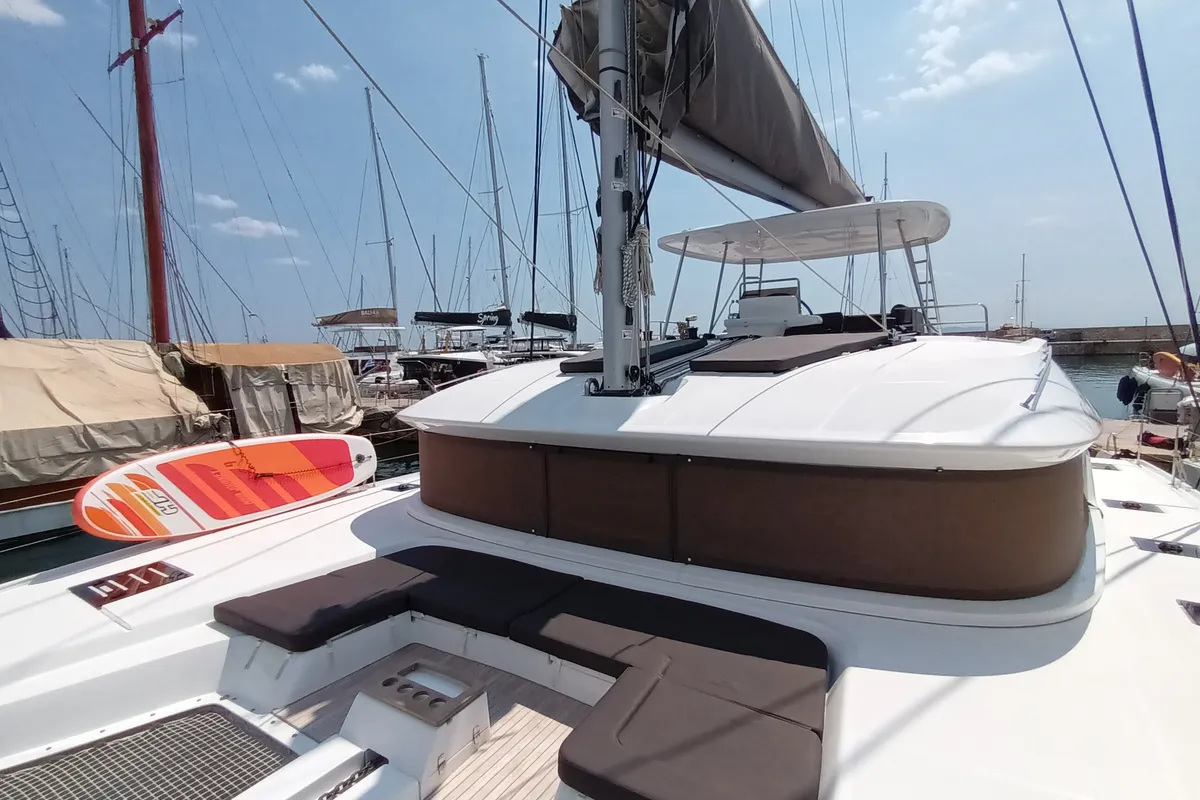 Deck of Minotavros, a Lagoon 51 catamaran at Athens, Greece