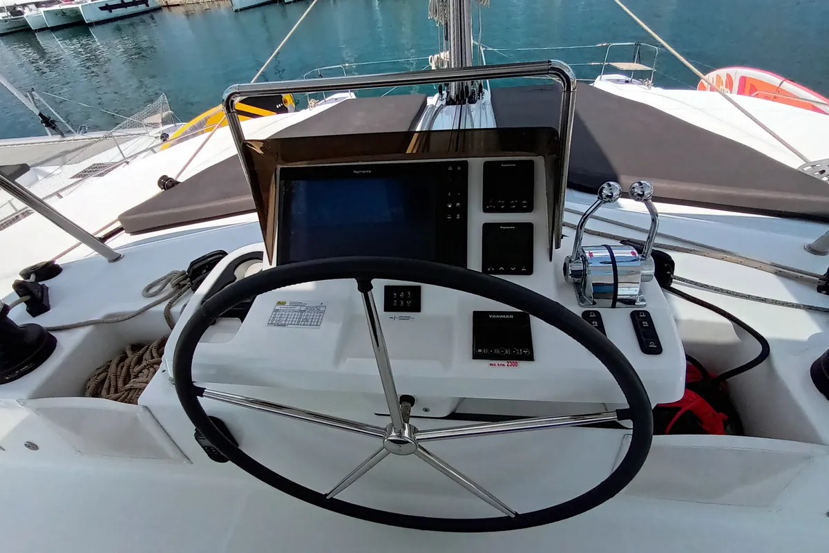 Cockpit of Minotavros, a Lagoon 51 catamaran at Athens, Greece