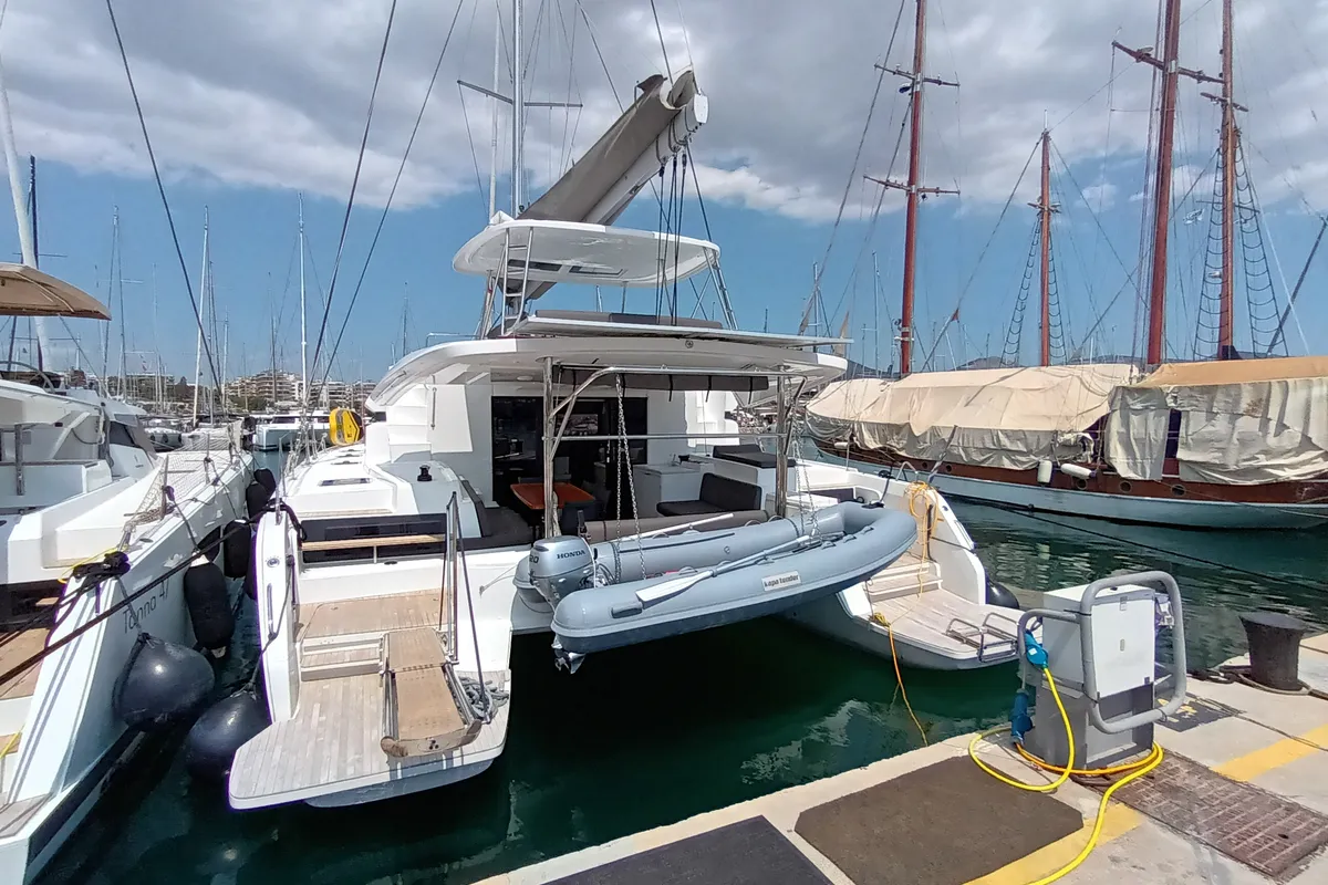 Exterior view of Minotavros, a Lagoon 51 catamaran at Athens, Greece