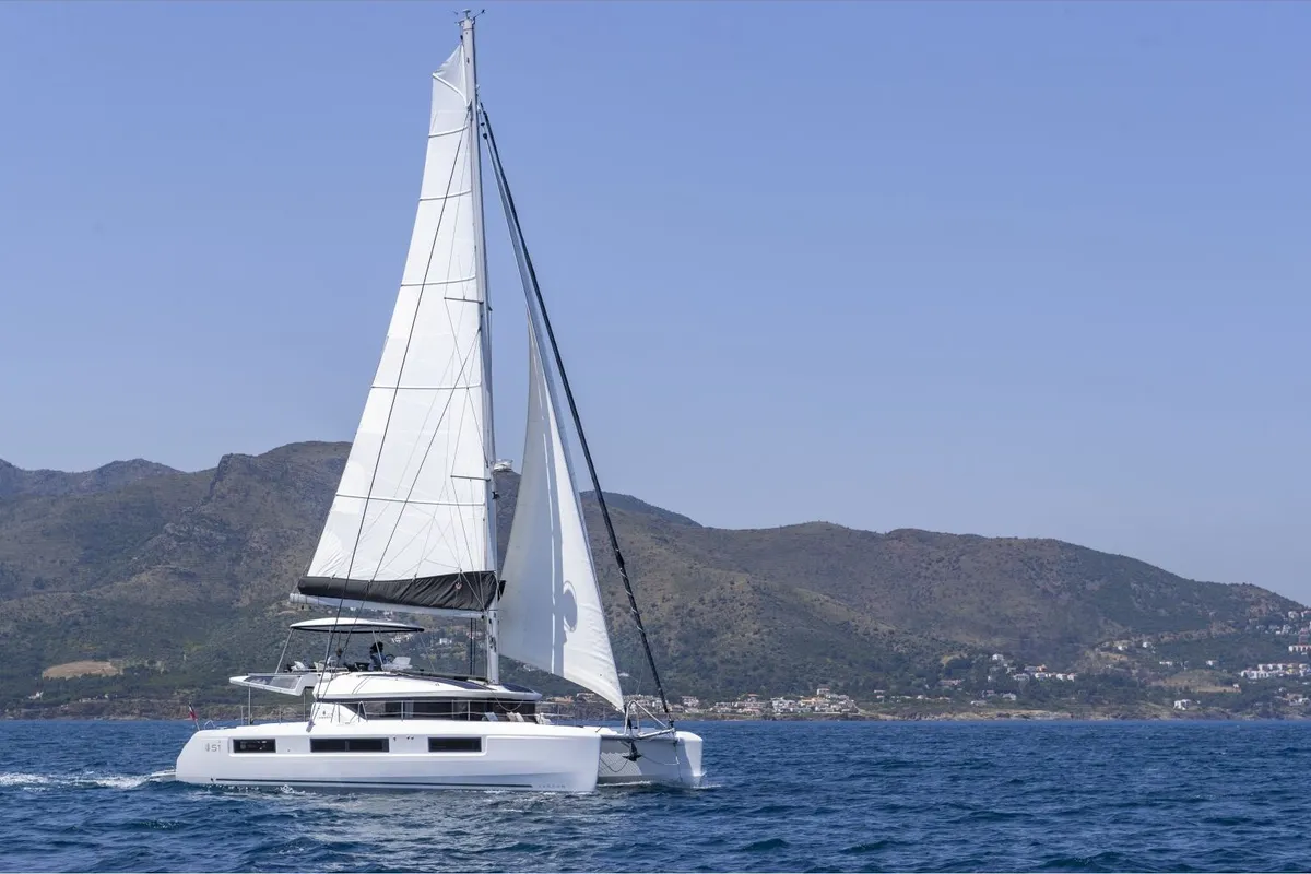 Exterior view of Minotavros, a Lagoon 51 catamaran at Athens, Greece