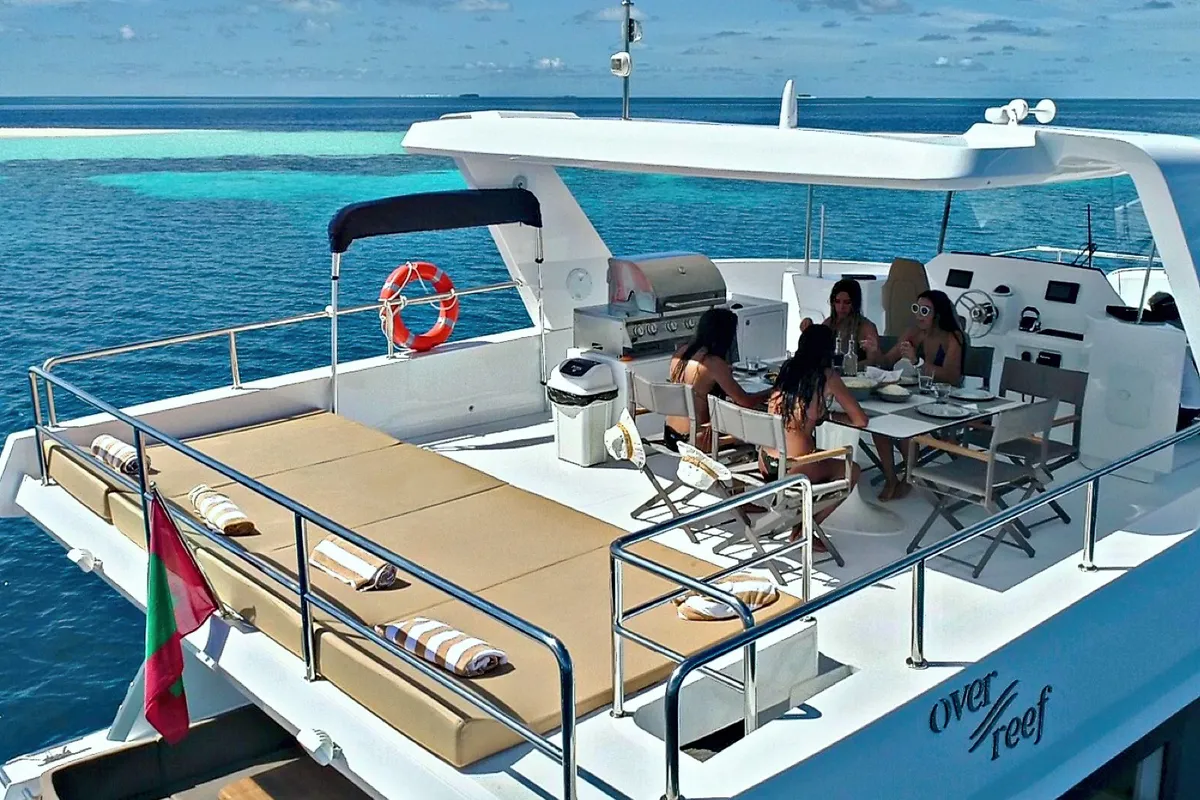 Deck of Over Reef, a Gulet Power Catamaran catamaran at Malé, Maldives