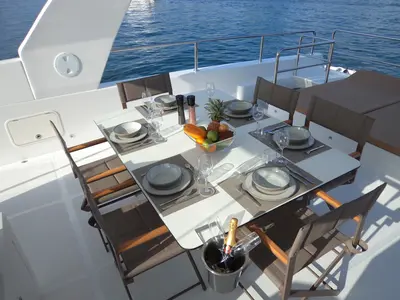 Deck of Over Reef, a Gulet Power Catamaran catamaran at Malé, Maldives