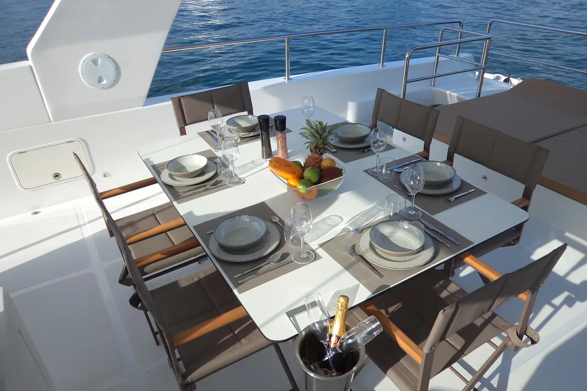 Deck of Over Reef, a Gulet Power Catamaran catamaran at Malé, Maldives