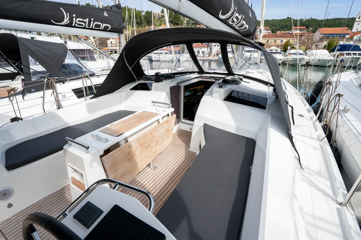 Cockpit of First Dream, a Beneteau Oceanis 37.1 sailboat at Skradin, Croatia