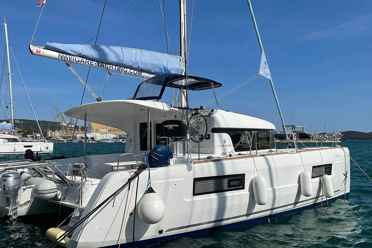 Salon of Amalia II , a Lagoon 40 catamaran at Seget Donji, Croatia