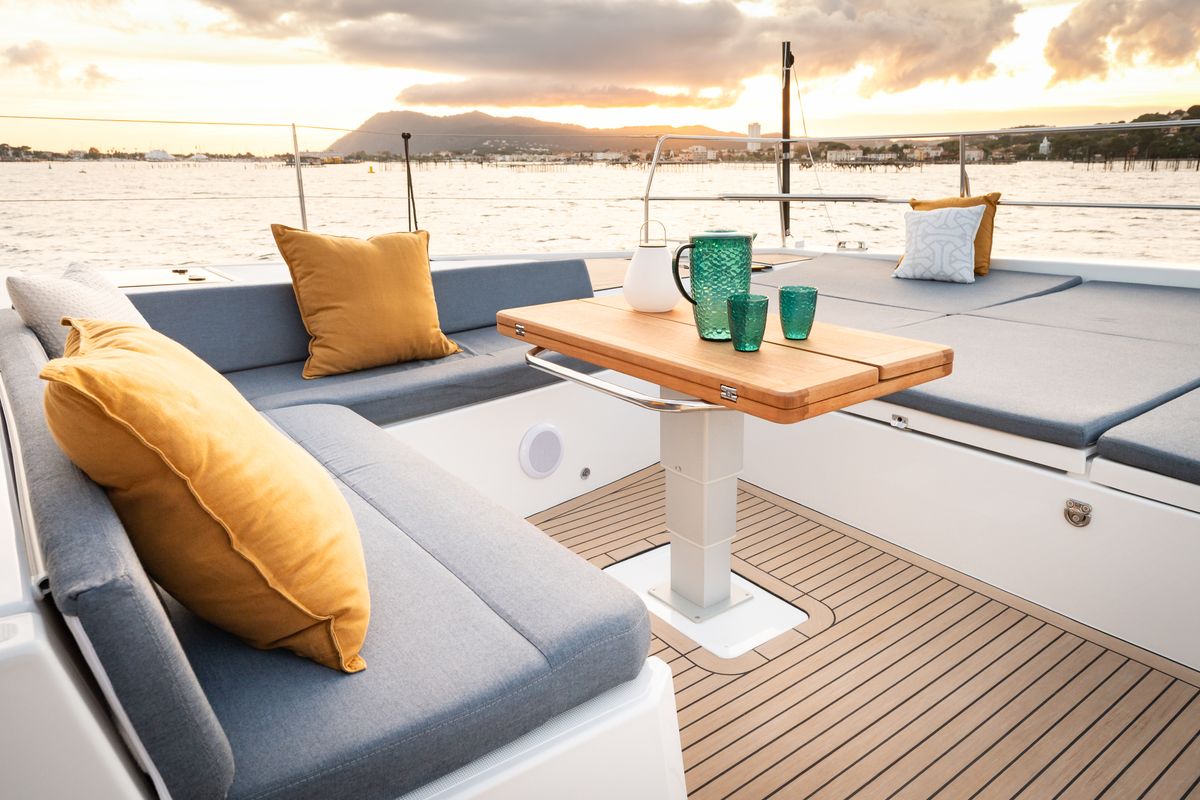 Deck of DISFRUTONA, a Bali 5.2 catamaran at Port d'Andratx, Spain