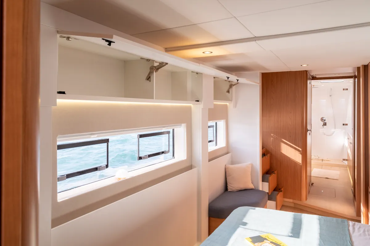 Cabin on DISFRUTONA, a Bali 5.2 catamaran at Port d'Andratx, Spain