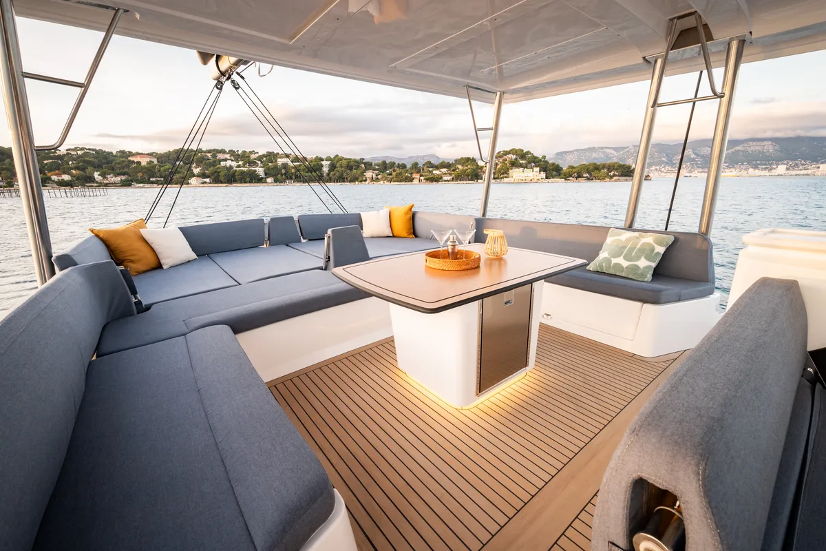 Deck of DISFRUTONA, a Bali 5.2 catamaran at Port d'Andratx, Spain