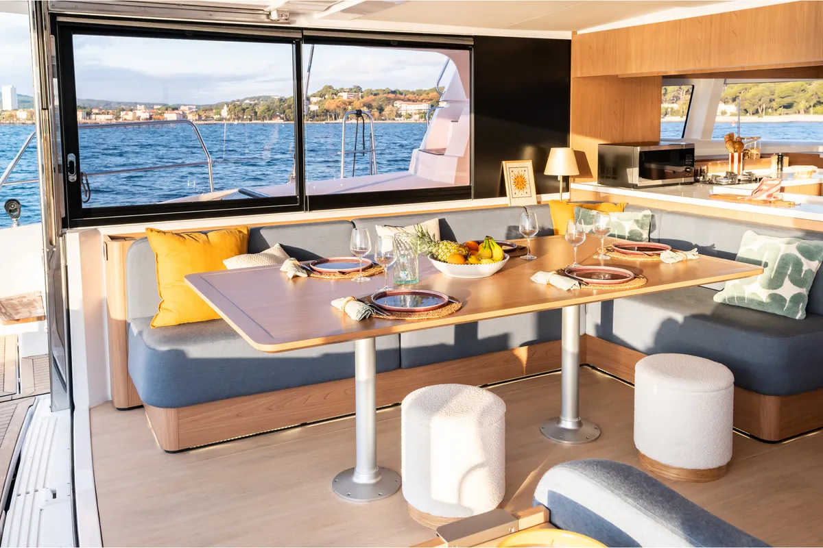 Salon of DISFRUTONA, a Bali 5.2 catamaran at Port d'Andratx, Spain