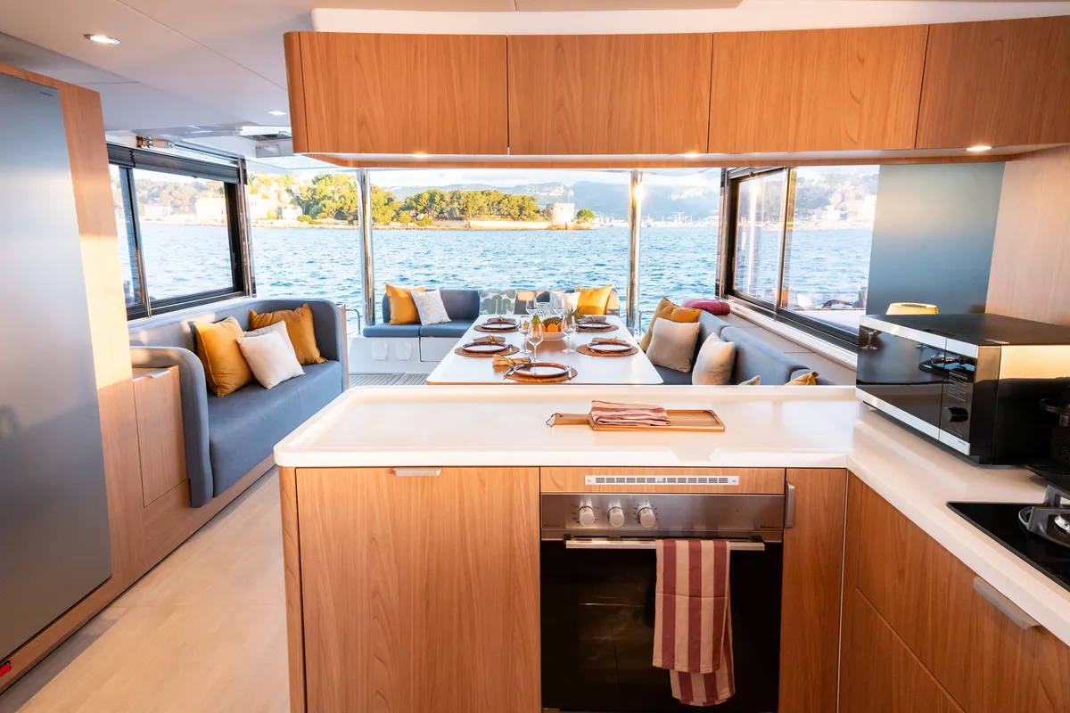 Salon of DISFRUTONA, a Bali 5.2 catamaran at Port d'Andratx, Spain