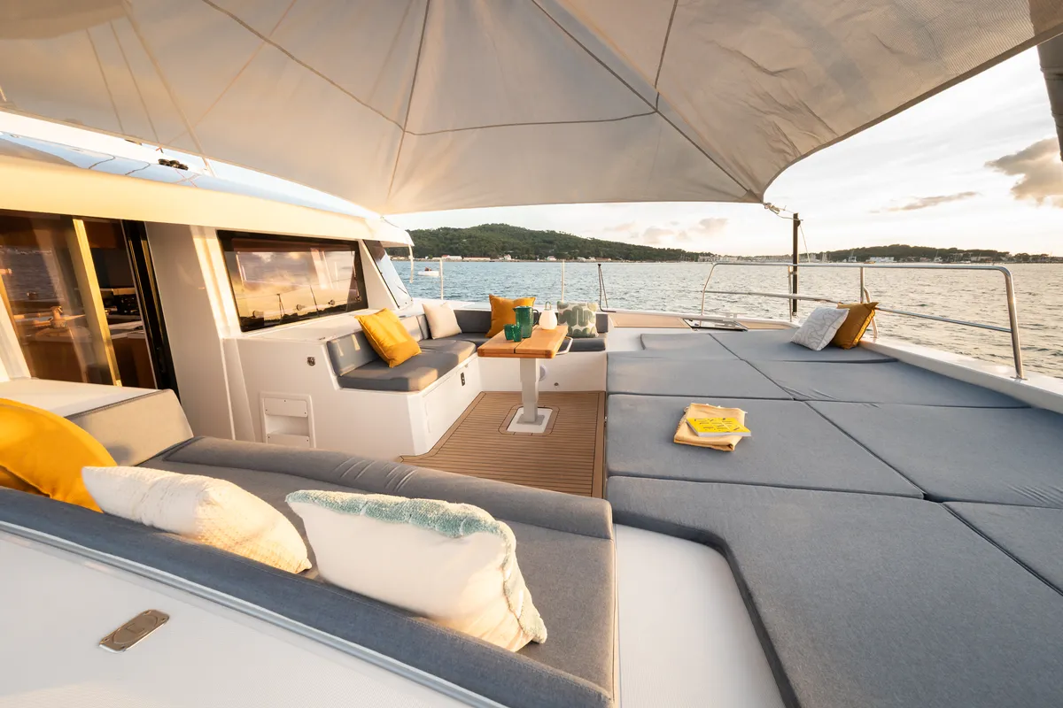 Deck of DISFRUTONA, a Bali 5.2 catamaran at Port d'Andratx, Spain