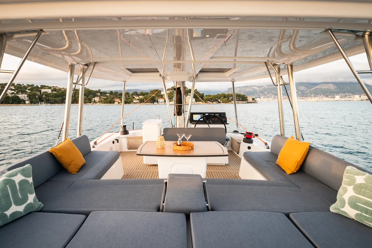 Deck of DISFRUTONA, a Bali 5.2 catamaran at Port d'Andratx, Spain