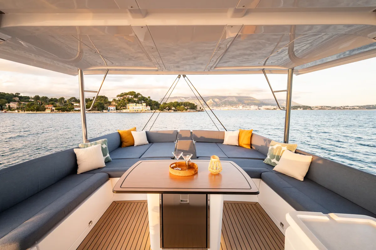 Deck of DISFRUTONA, a Bali 5.2 catamaran at Port d'Andratx, Spain