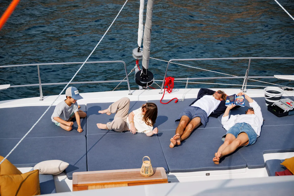 Deck of DISFRUTONA, a Bali 5.2 catamaran at Port d'Andratx, Spain