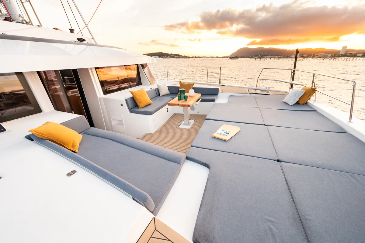 Deck of DISFRUTONA, a Bali 5.2 catamaran at Port d'Andratx, Spain