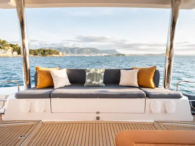 Deck of DISFRUTONA, a Bali 5.2 catamaran at Port d'Andratx, Spain