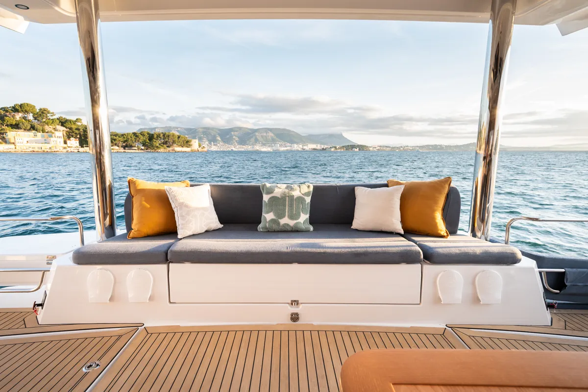 Deck of DISFRUTONA, a Bali 5.2 catamaran at Port d'Andratx, Spain