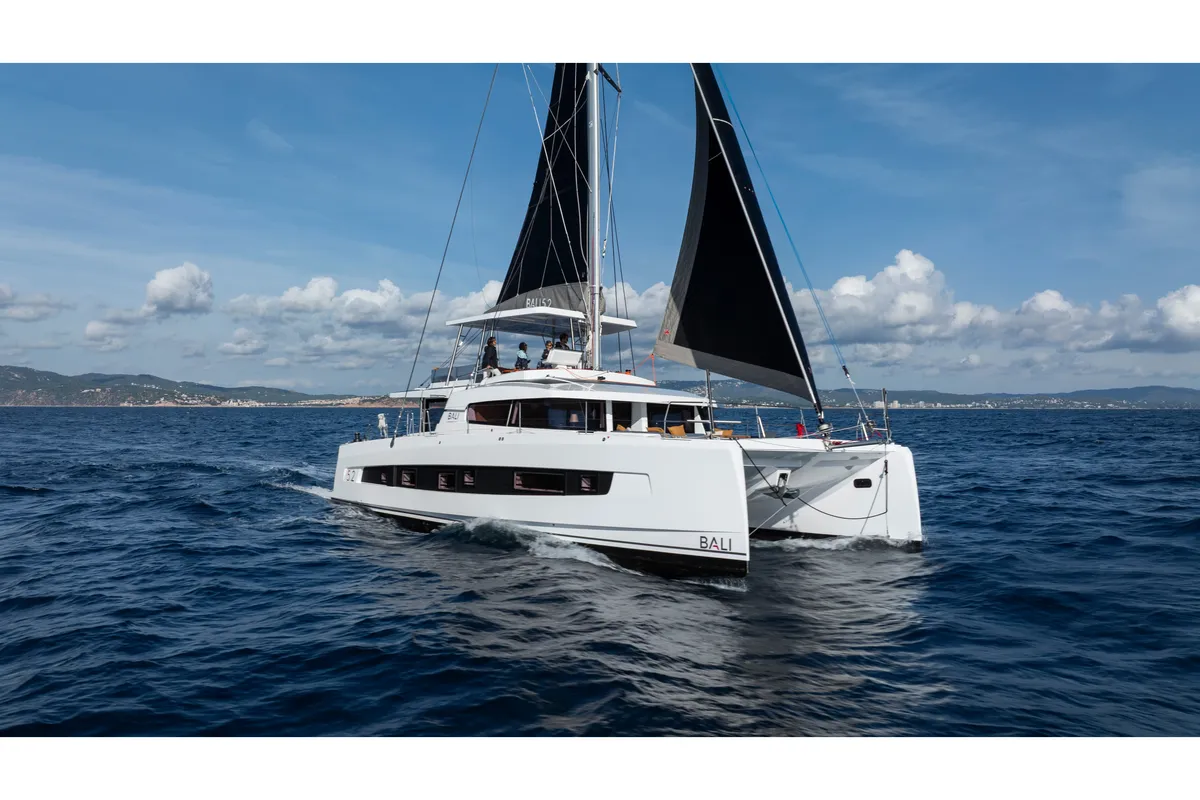 Exterior view of DISFRUTONA, a Bali 5.2 catamaran at Port d'Andratx, Spain