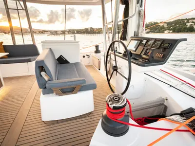 Cockpit of DISFRUTONA, a Bali 5.2 catamaran at Port d'Andratx, Spain