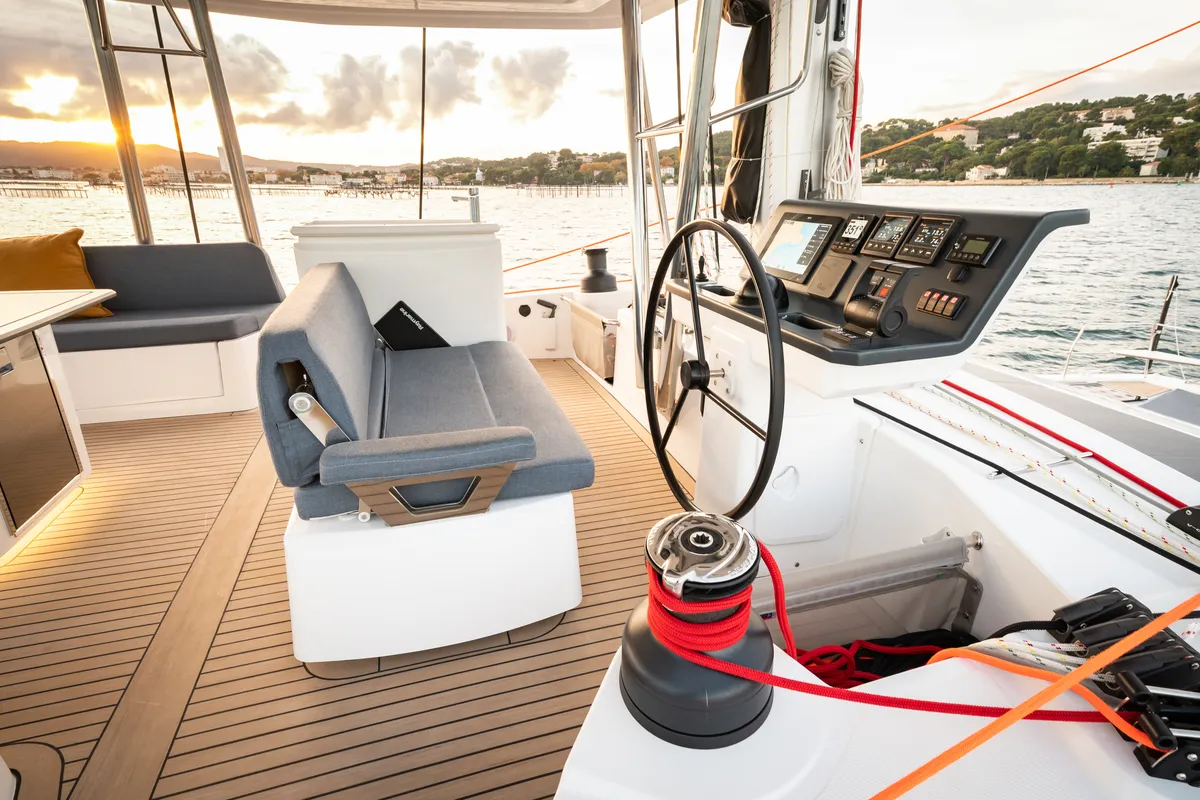 Cockpit of DISFRUTONA, a Bali 5.2 catamaran at Port d'Andratx, Spain
