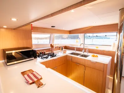 Galley of DISFRUTONA, a Bali 5.2 catamaran at Port d'Andratx, Spain