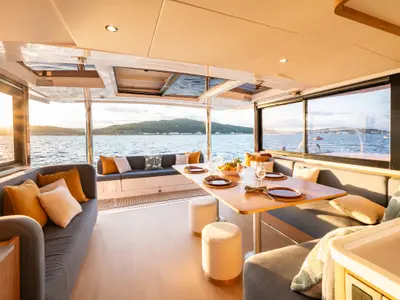 Salon of DISFRUTONA, a Bali 5.2 catamaran at Port d'Andratx, Spain
