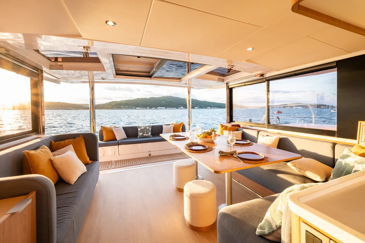 Salon of DISFRUTONA, a Bali 5.2 catamaran at Port d'Andratx, Spain