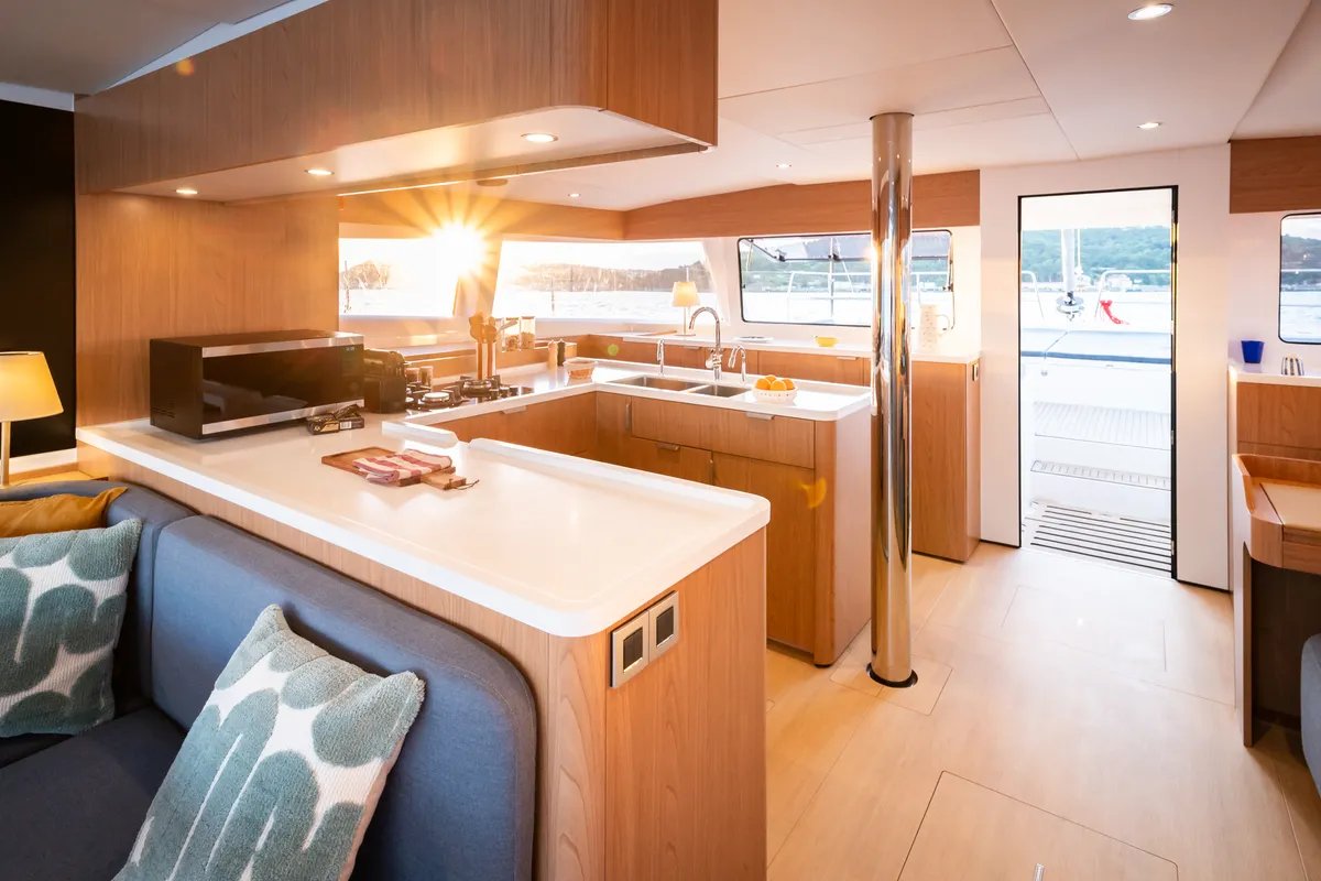 Galley of DISFRUTONA, a Bali 5.2 catamaran at Port d'Andratx, Spain