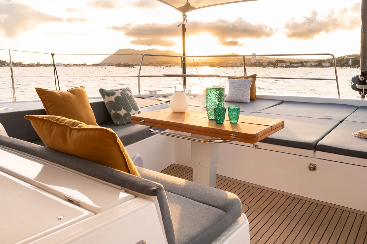 Deck of DISFRUTONA, a Bali 5.2 catamaran at Port d'Andratx, Spain