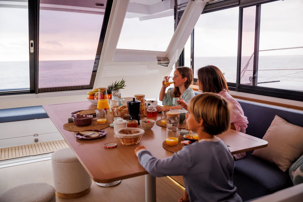 Salon of DISFRUTONA, a Bali 5.2 catamaran at Port d'Andratx, Spain
