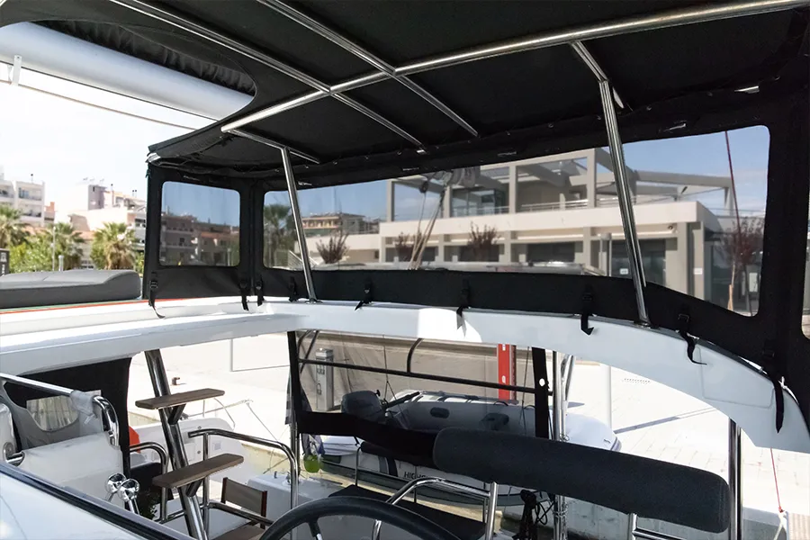Cockpit of Dioni, a Lagoon 42 catamaran at Preveza, Greece