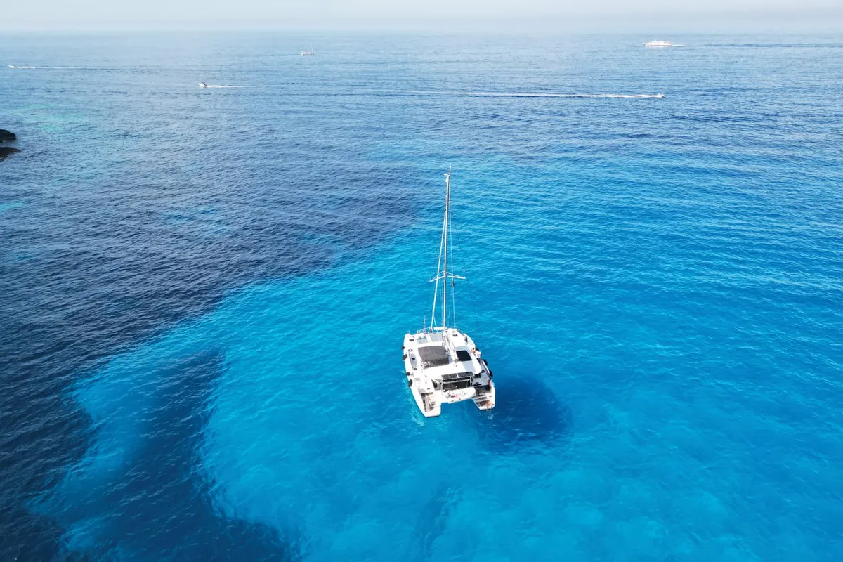 Exterior view of Dioni, a Lagoon 42 catamaran at Preveza, Greece