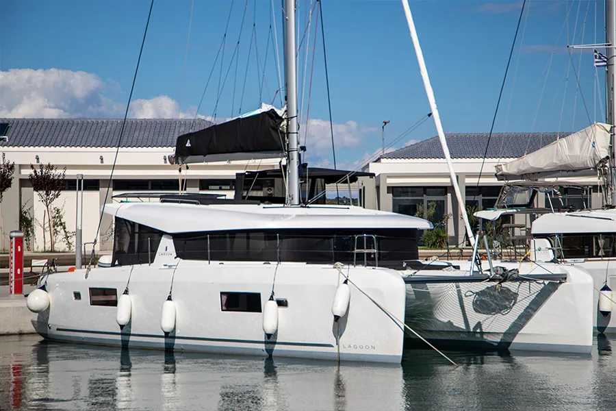 Exterior view of Dioni, a Lagoon 42 catamaran at Preveza, Greece
