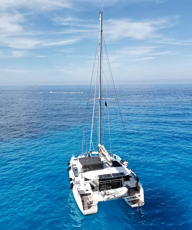 Exterior view of Dioni, a Lagoon 42 catamaran at Preveza, Greece
