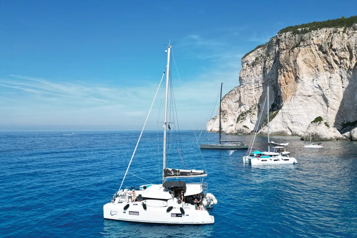 Exterior view of Dioni, a Lagoon 42 catamaran at Preveza, Greece