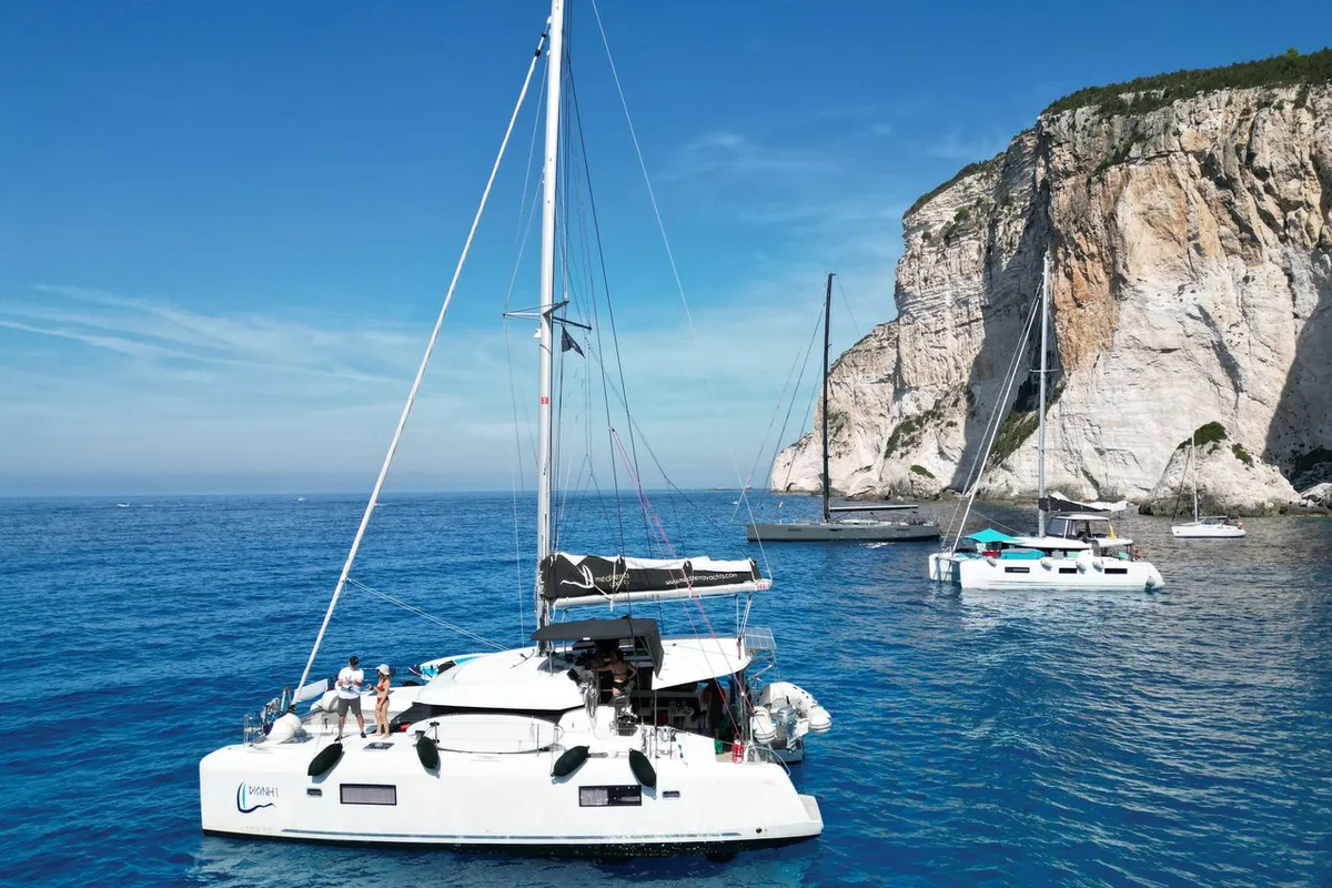 Exterior view of Dioni, a Lagoon 42 catamaran at Preveza, Greece