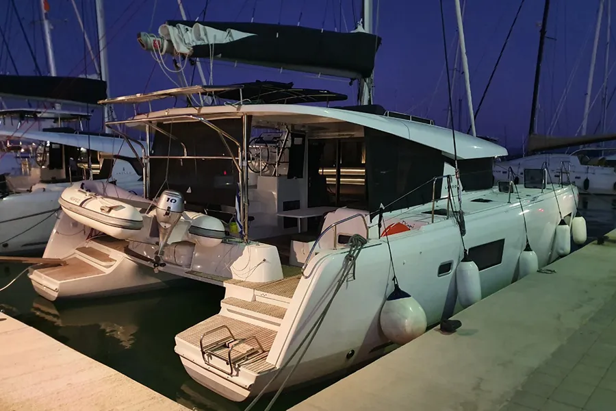 Exterior view of Dioni, a Lagoon 42 catamaran at Preveza, Greece