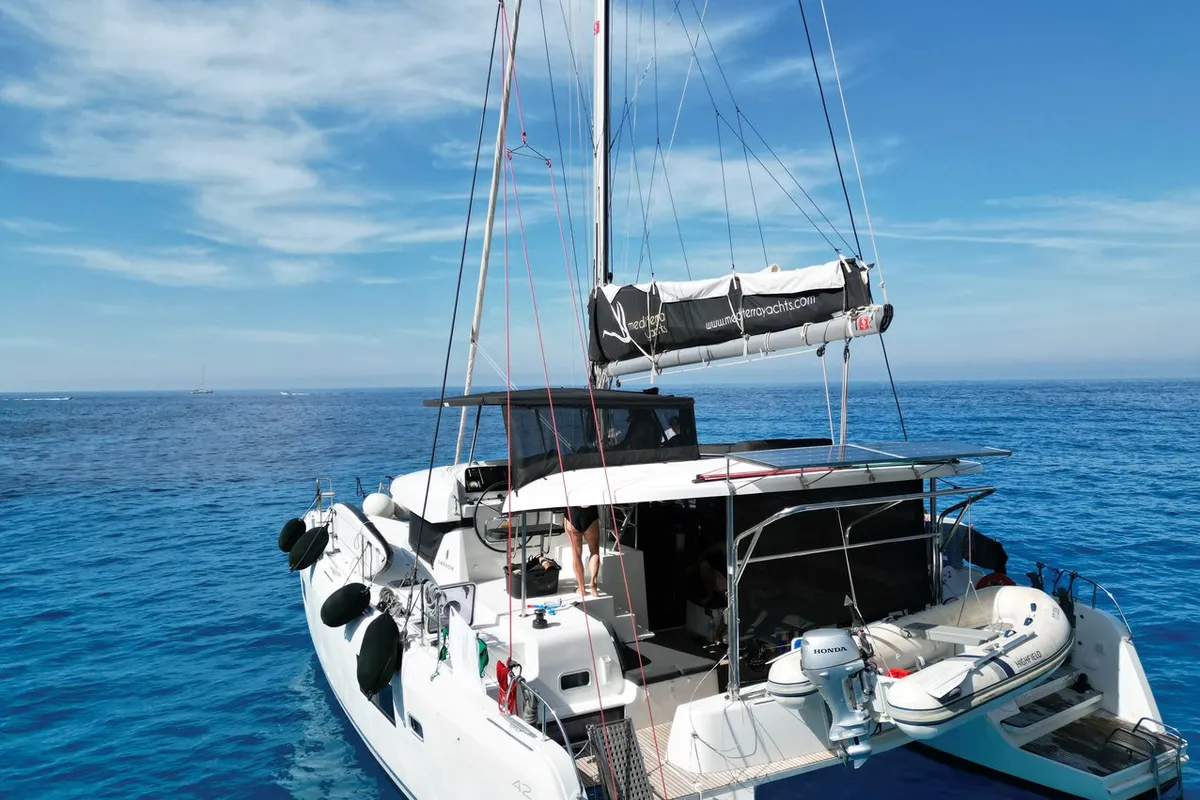 Exterior view of Dioni, a Lagoon 42 catamaran at Preveza, Greece
