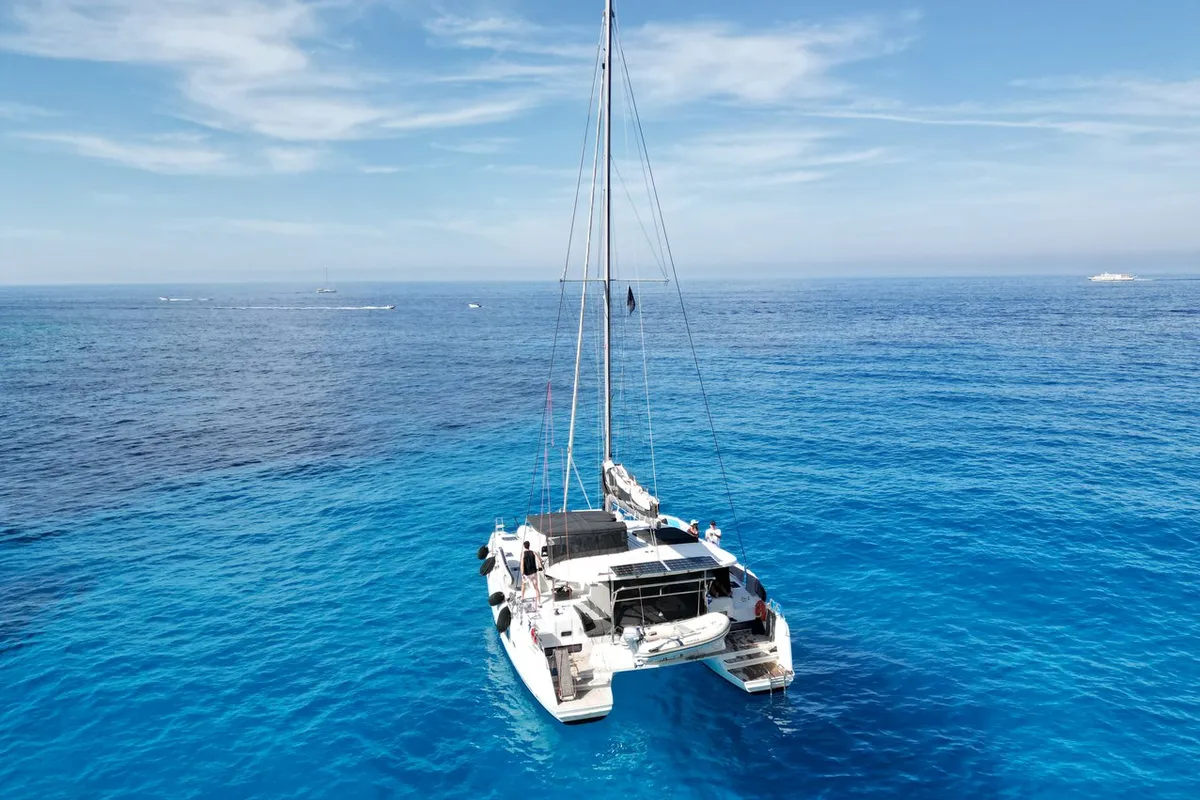 Exterior view of Dioni, a Lagoon 42 catamaran at Preveza, Greece