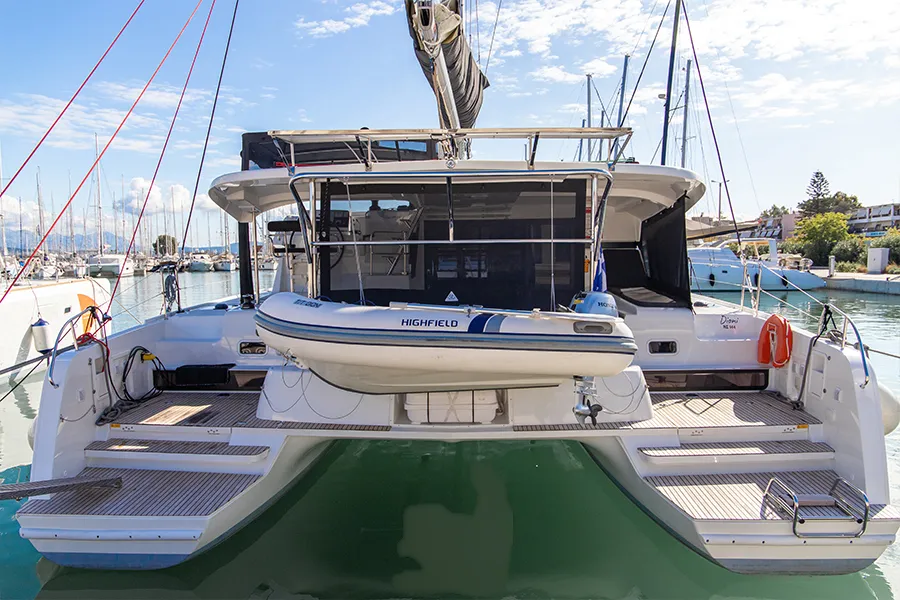 Exterior view of Dioni, a Lagoon 42 catamaran at Preveza, Greece