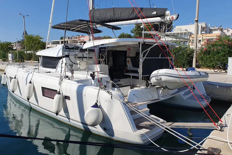 Exterior view of Dioni, a Lagoon 42 catamaran at Preveza, Greece