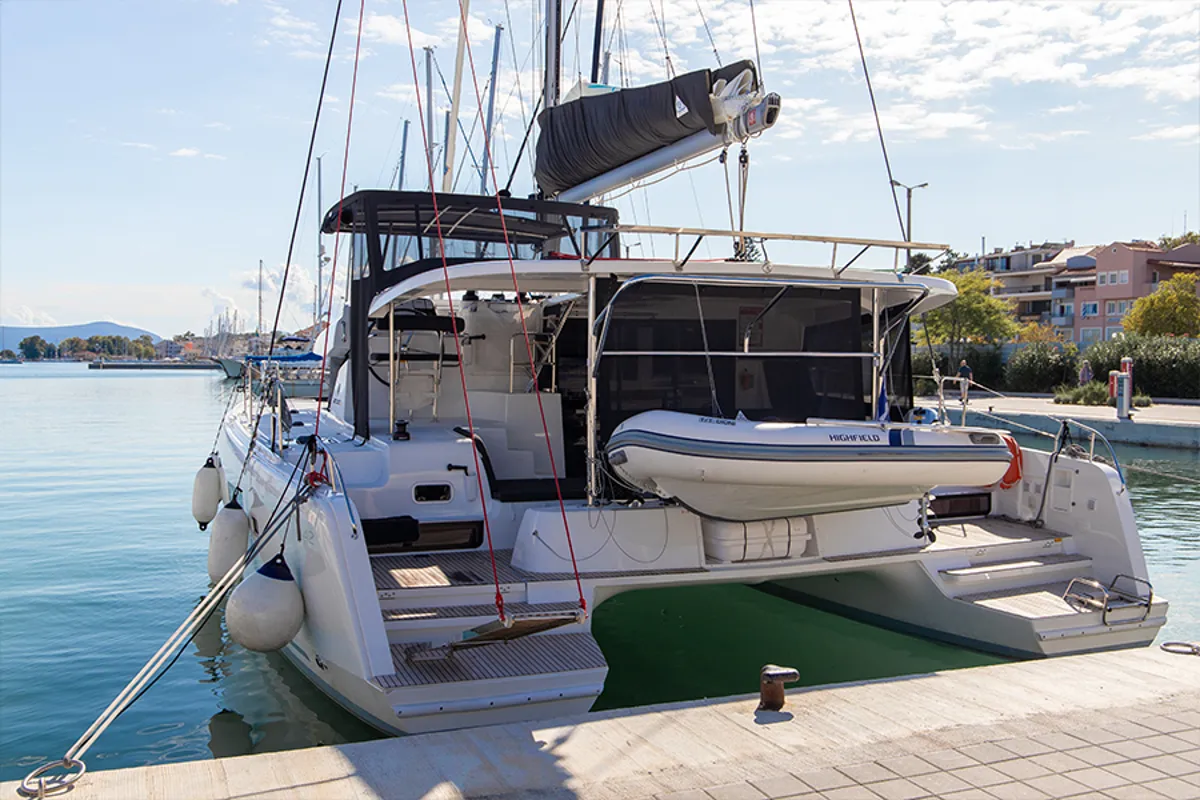 Exterior view of Dioni, a Lagoon 42 catamaran at Preveza, Greece
