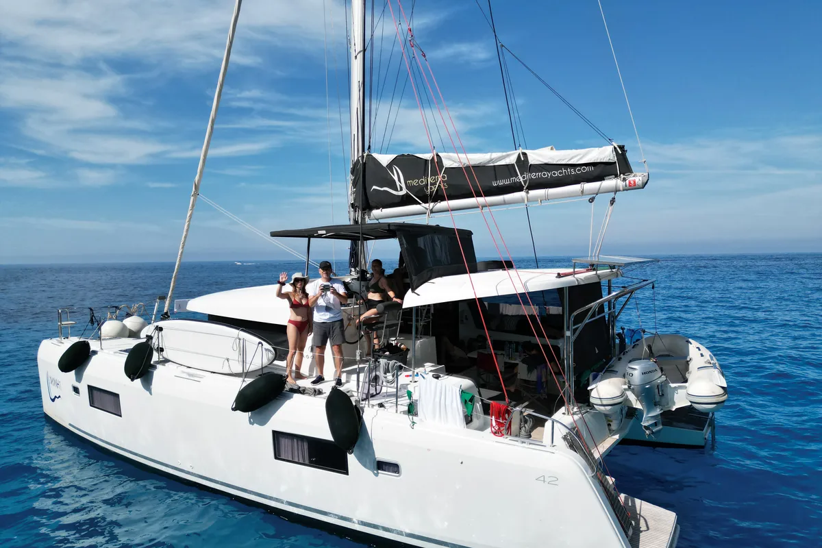 Exterior view of Dioni, a Lagoon 42 catamaran at Preveza, Greece